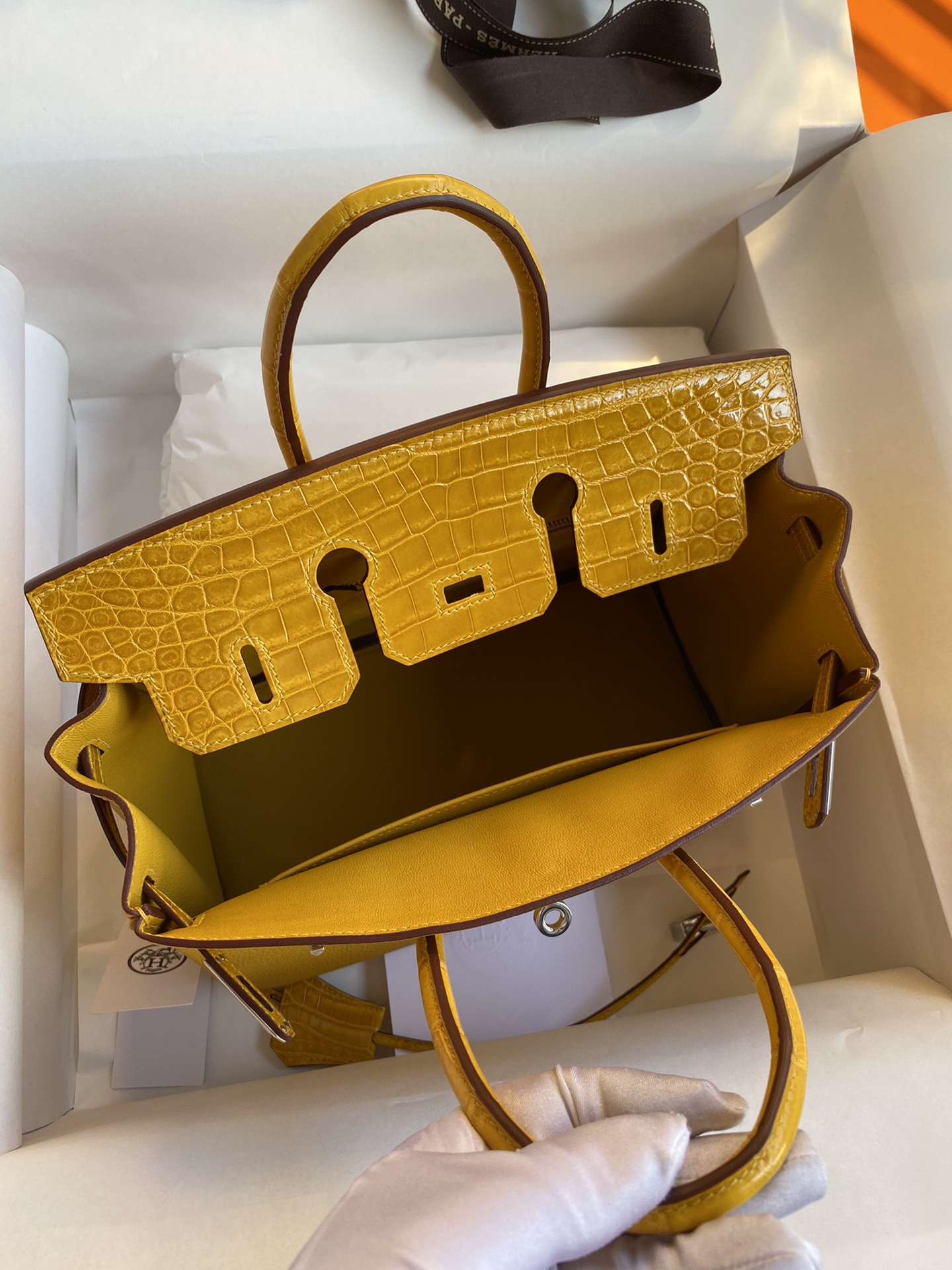 Hermes Touch Birkin 25CM Bag In Abricot Togo and Shiny Niloticus Crocodile Skin